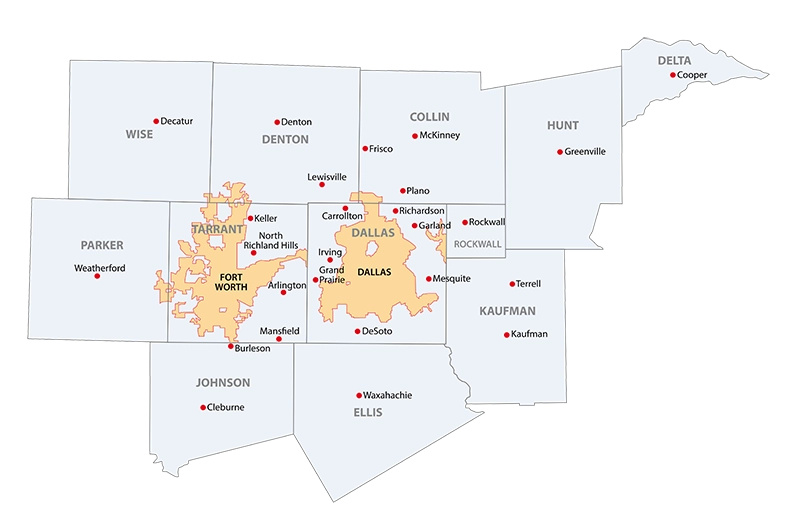 map of Dallas Casino Event area of service in Texas